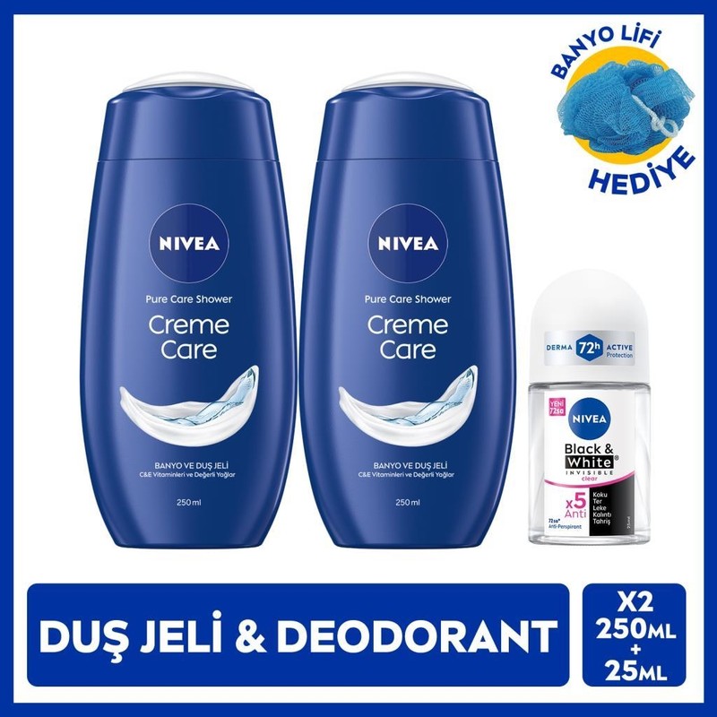 Nivea Nıvea Kadın Roll-On Deodorant Black&white Invisible Clear 25ML ve Creme Care Duş Jeli X2 Adet, Lif Hediye, 72 Saat Anti-Perspirant Ter Koruması, Avantajlı Paket
