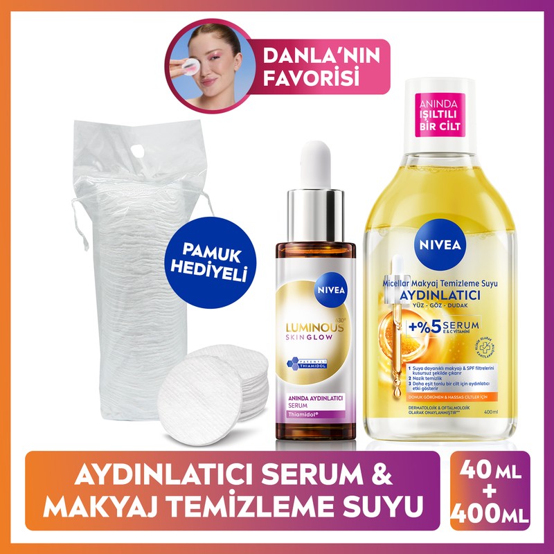 Nivea Aydınlatıcı Bakım Seti, Makyaj Temizleme Suyu 400ML ve LUMINOUS630 Skin Glow Serum 30ML,PAMUK Hediye