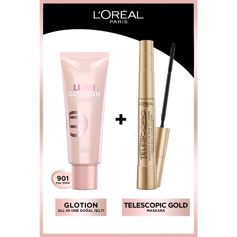 L'Oréal Paris L'oreal Paris Telescopic Maskara & Glotion All-In-One Doğal Işıltı 901 Siyah Makyaj Seti Günlük Kullanım İçin