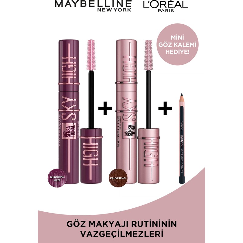 Maybelline New York Lash Sensational Mürdüm & Sky High Kahverengi Maskara & Khol Paradise Mini Göz Kalemi