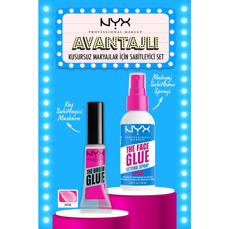 NYX Professional Makeup The Brow Glue Instant Brow Styler Kaş Sabitleyici Maskara - Taupe & Face Glue Setting Spray Makyaj Sabitleme Spreyi