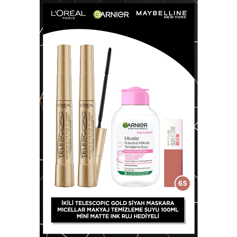 L'Oréal Paris Telescopic Siyah Maskara 2'li Set L'oreal Paris + 100 ml Micellar + Ss Matte Ink Seductress 65