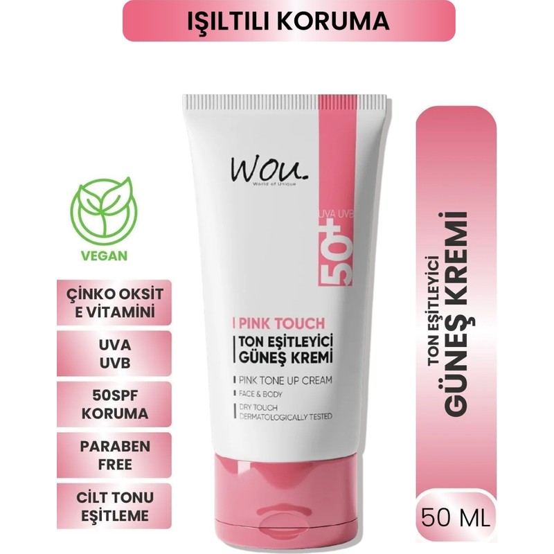 WOU World of Unique Pink Touch SPF50+ Su Bazlı Ton Eşitleyici ve Aydınlatıcı Güneş Kremi 50 ml – Tüm Cilt Tipleri İçin Yüksek Yaz Koruması