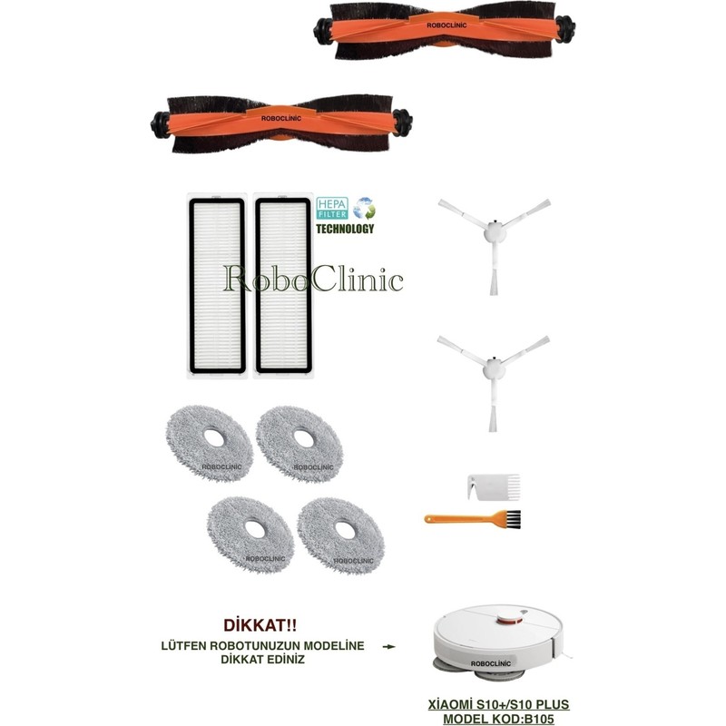 Roboclinic Xiaomi Robot Vacuum S10+ / S10 Plus Robot Süpürge Uyumlu Yedek Fırça, Hepa Filtre, Mop - 12 Parça - En Uygun Fiyatlarla Piinti'de