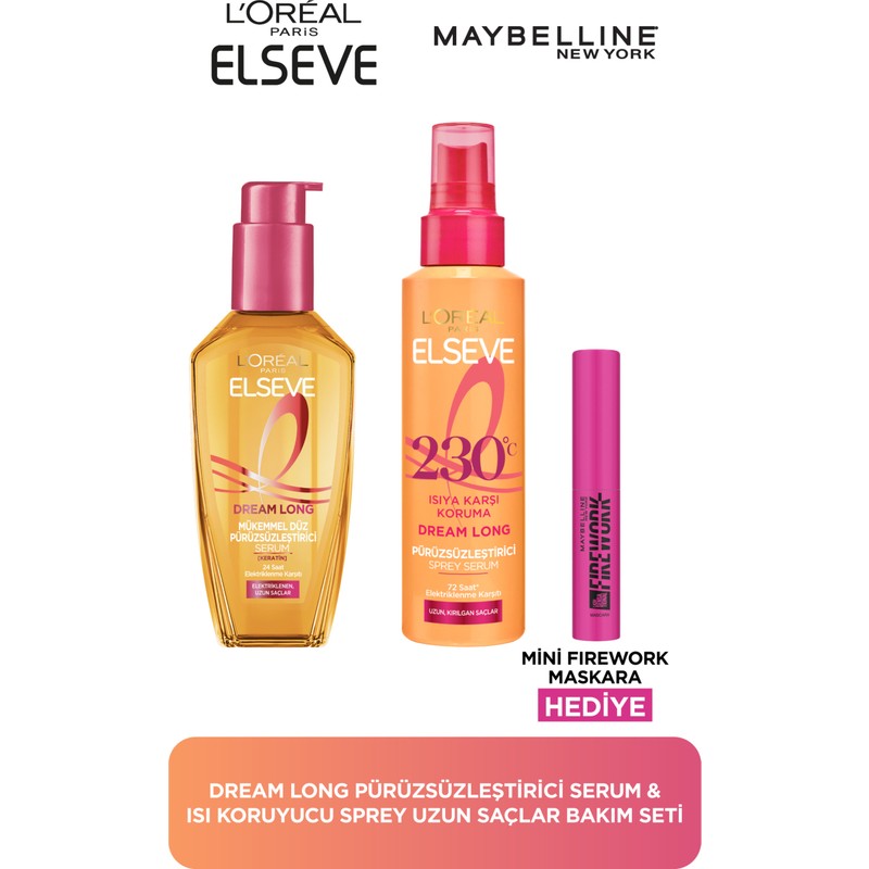 Elseve L'Oréal Paris Elseve Dream Long Pürüzsüzleştirici Serum & Isı Koruyucu Sprey Uzun Saçlar Bakım Seti & Firework Mini Maskara Hediyeli