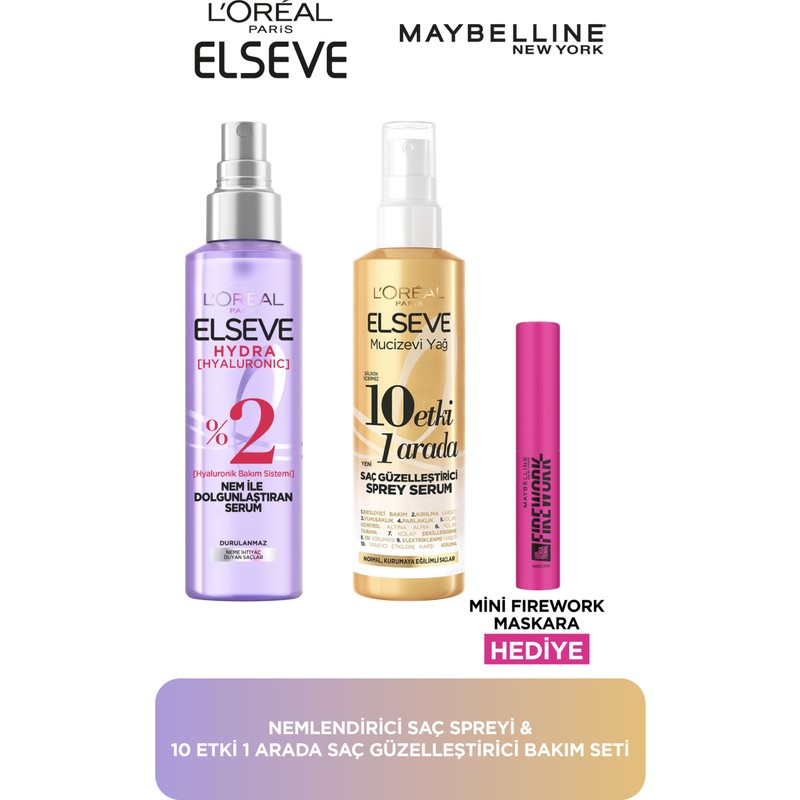 Elseve L'Oréal Paris Elseve Nemlendirici Saç Spreyi & 10 Etki 1 Arada Sprey Saç Güzelleştirici Bakım Seti & Firework Mini Maskara Hediyeli