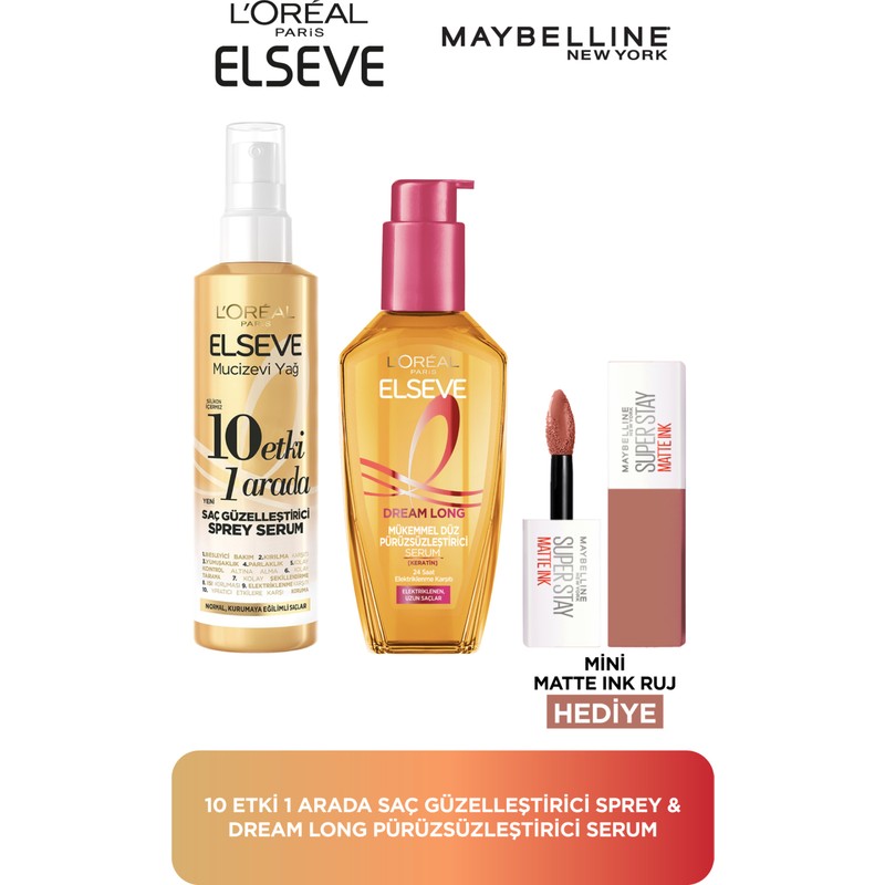 Elseve L'Oréal Paris Elseve 10 Etki 1 Arada Saç Güzelleştirici Sprey & Dream Long Pürüzsüzleştirici Serum & Matte Ink 65 Mini Ruj Hediyeli