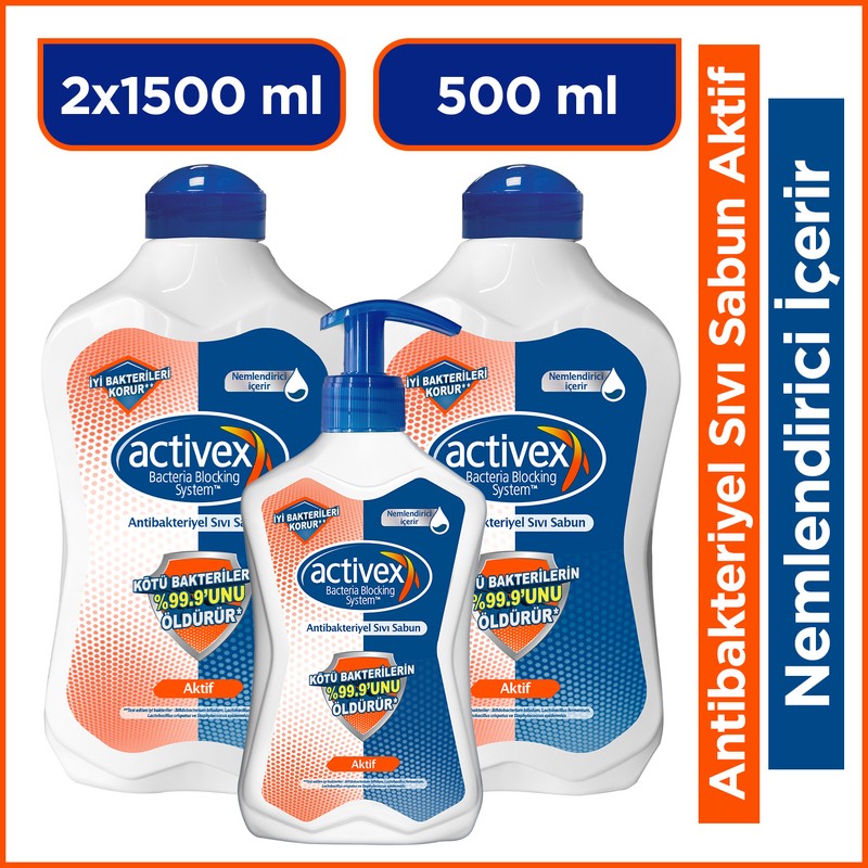 Activex Antibakteriyel Sıvı Sabun Aktif 2x1.5 Lt + 500 Ml Nemlendirici İçerir