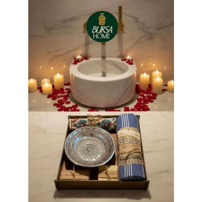 Bursa Home Lüks Hamam Seti Hediyelik Gelin Hamamı 6 Parça Sabun Ipek Yüz ve Vücut Kesesi Hamam Tası Topuk Taşı Peştemal