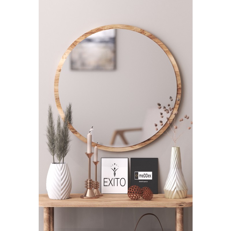 meDDex Dekoratif Yuvarlak Ayna Çam 58 cm Antre Hol Wc Çam 58 cm