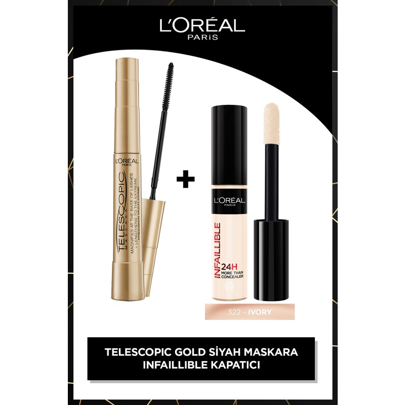 L'Oréal Paris Infaillible Tüm Yüze Uygulanabilir Kapatıcı 322 Ivory Concealer & Telescopic Gold Maskara