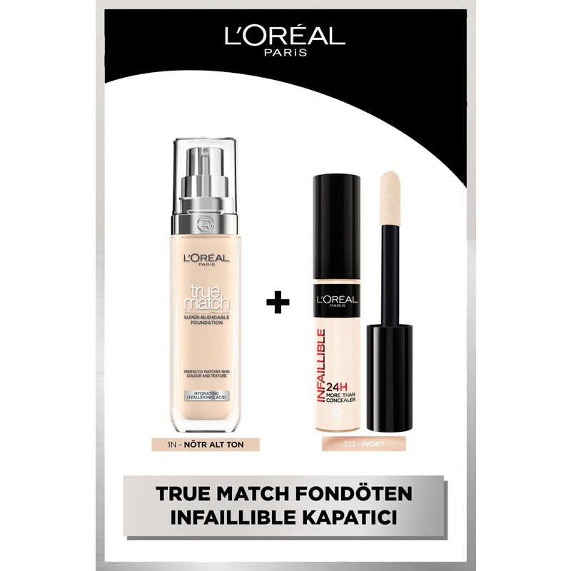 L'Oréal Paris Infaillible Tüm Yüze Uygulanabilir Kapatıcı 322 Ivory + L'oréal Paris True Match Bakım Yapan Fondöten 1n Ivory Ikilisi