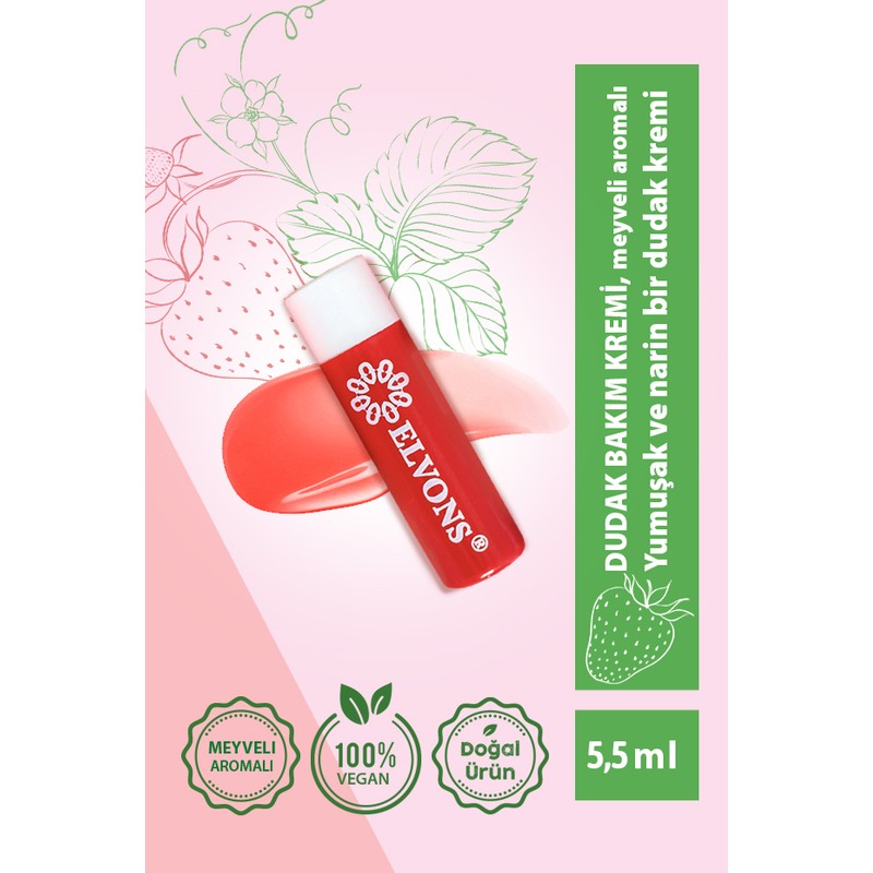 Elvons Lip Balm Dudak Bakım Kremi Besleyici ve Nemlendirici Çilekli
