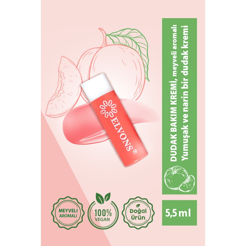 Elvons Lip Balm Dudak Bakım Kremi Besleyici ve Nemlendirici Şeftali (C & E Vitaminleri)