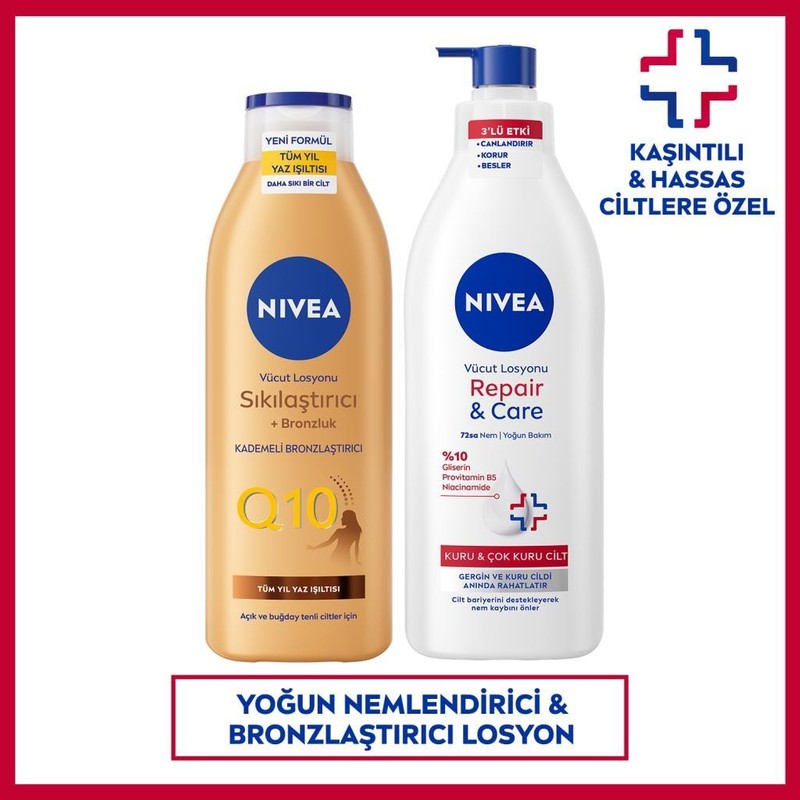 Nivea Repair&care Nemlendirici Vücut Losyonu 400ML ve Sıkılaştırıcı Bronzluk Losyon 250ML, Kaşıntılı Cilt