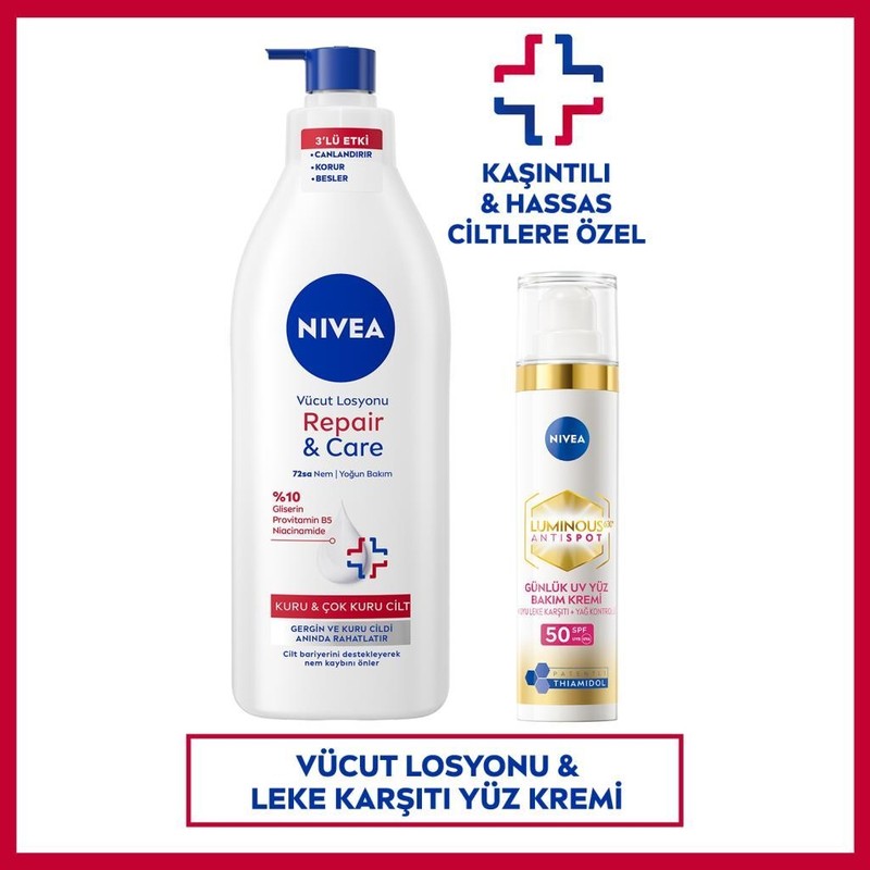 Nivea Repair&care Nemlendirici Vücut Losyonu 400ML ve SPF50 LUMINOUS630 Leke Karşıtı Gündüz Yüz Kremi 40ML