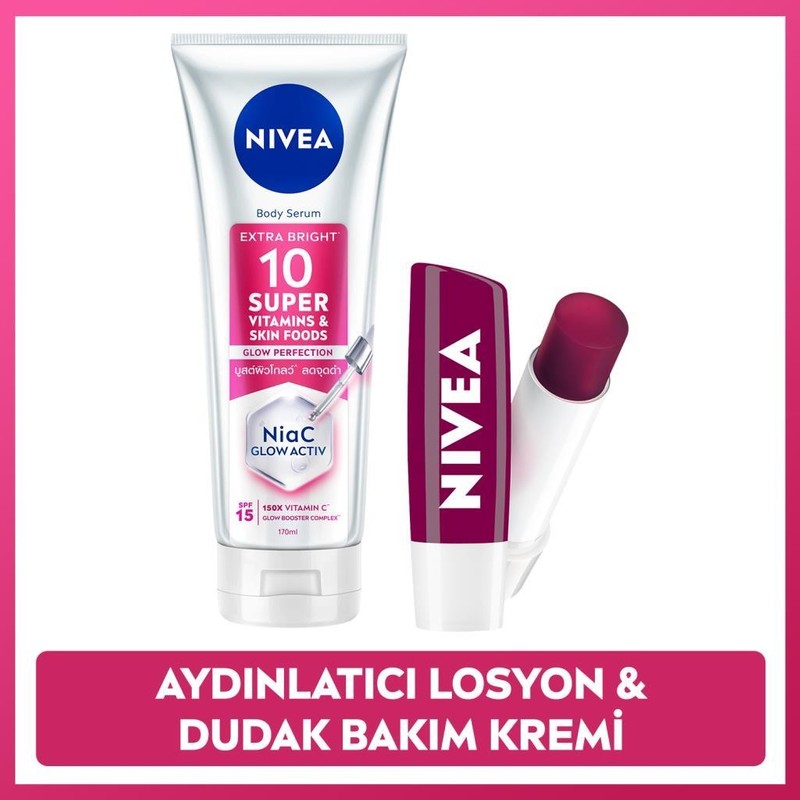 Nivea SPF15 SUPER10 Aydınlatıcı,nemlendirici Vücut Losyonu 170ML ve Böğürtlen Dudak Bakım Kremi,bakım Seti