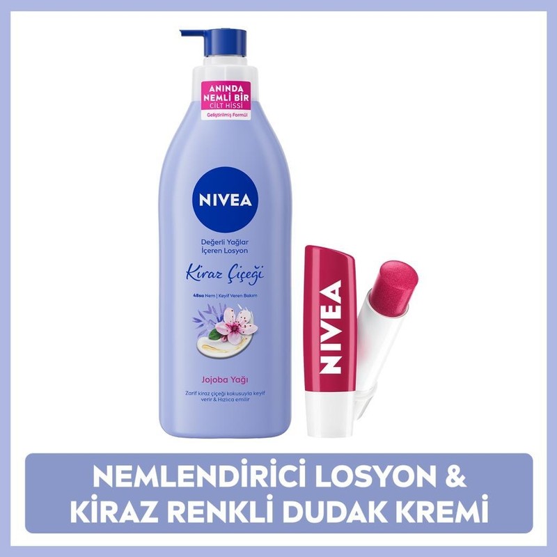 Nivea Kiraz Çiçeği Vücut Losyonu 400ML ve Kiraz Dudak Bakım Kremi,nemlendirici,kuru Cilt