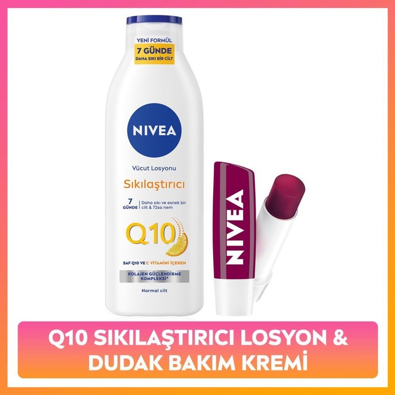 Nivea Q10 Sıkılaştırıcı C Vitamini Vücut Losyonu 250ML ve Nemlendirici Böğürtlen Dudak Bakım Kremi