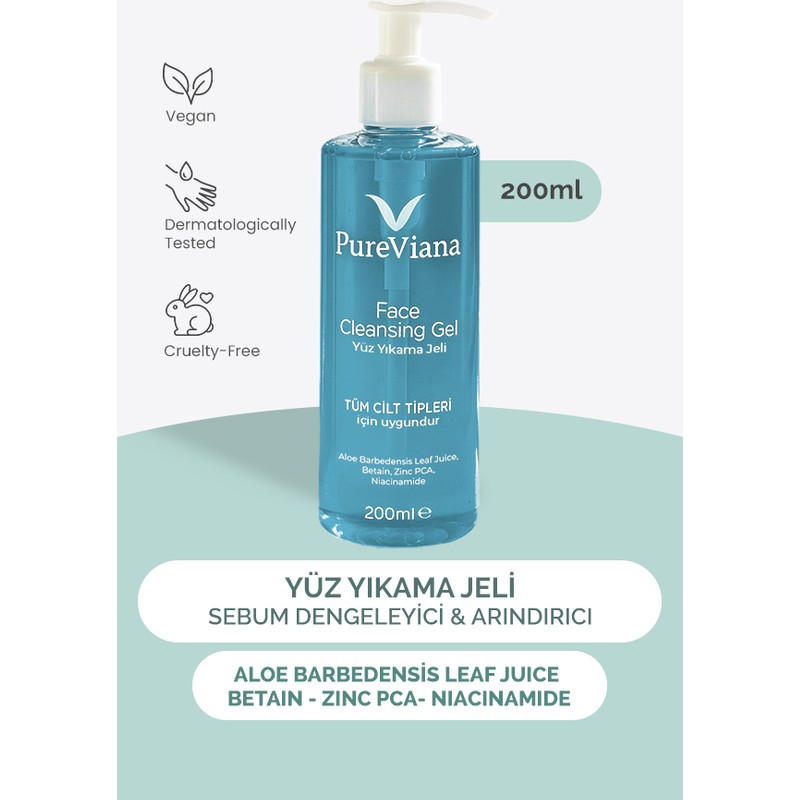 PureViana Yüz Temizleme Jeli 200ML – Aloe Vera + Niacinamide + Bha – Siyah Nokta & Akne Karşıtı, Gözenek Temizleyici