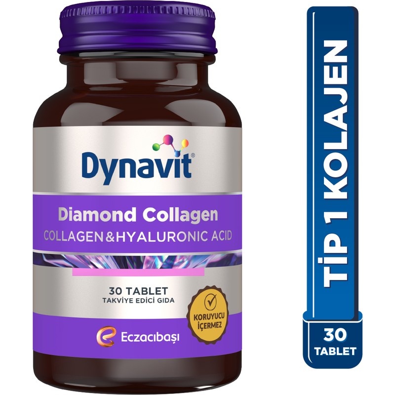 Dynavit Diamond Collagen&Hyaluronic Acid Complex 30 Tablet - Saç&Cilt&Tırnak - Hidrolize Peptit Tip 1 Balık Kolajeni, Hyaluronik Asit, Resveratrol, Nar Meyve Kabuğu Ekstresi
