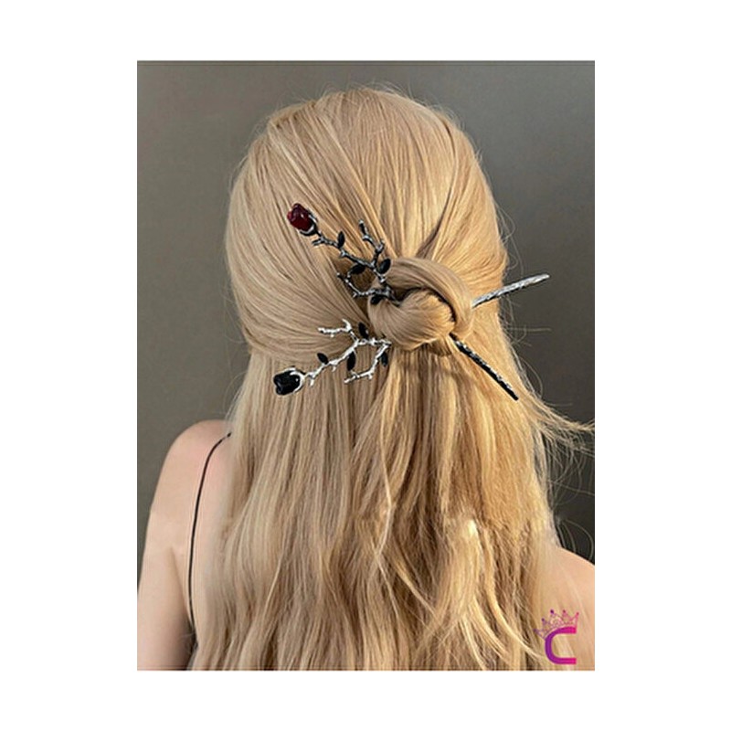 Cinderella 2'li Gothic Siyah Kırmızı Gül Metal Topuz Saç Tokası 17CM - Hediyelik Çin Japon Tarz Çubuk Toka