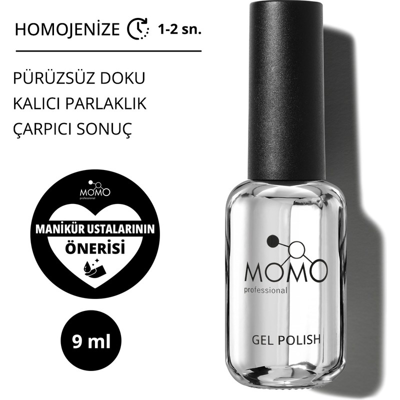 Momo Professional Kalıcı Oje İçin Top Coat Yapışkansız Çok Renkli 9 ml Parlak ve Koruyucu