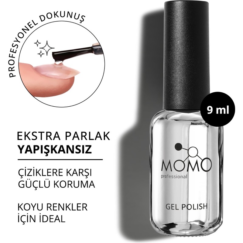 Momo Professional Kalıcı Oje Crystal Top Coat Çok Renkli 9 ml Yapışkansız ve Sararma Yapmaz