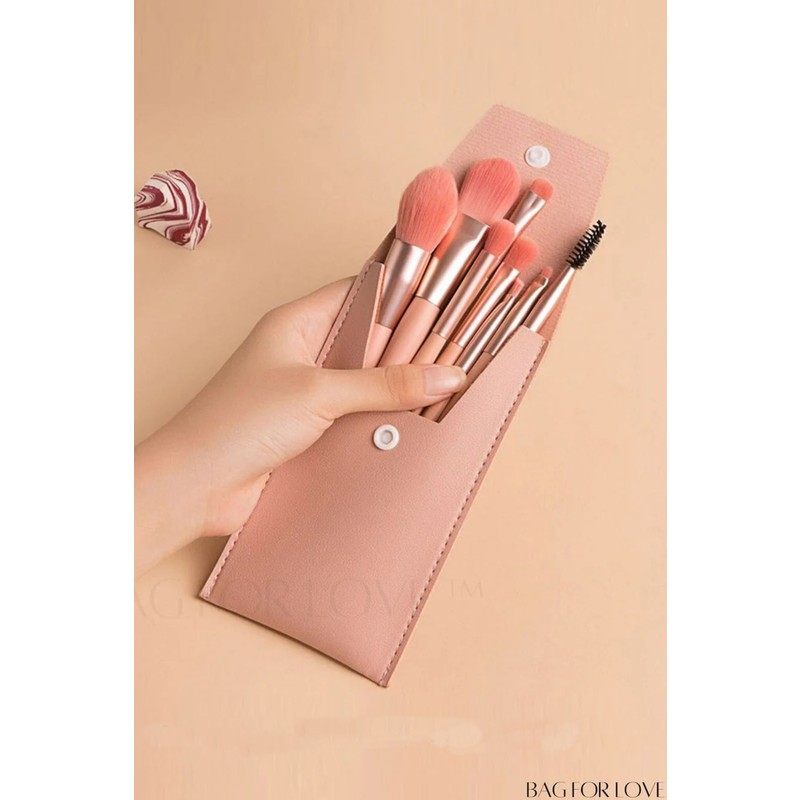 H&E Design 8'li Taşınabilir Makyaj Fırçası Seti Renkli Deri Çantalı 12 cm Günlük Kullanım İçin