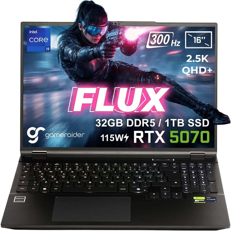GameRaider FLUX GR16 Intel Core i9-14900HX 32GB DDR5 1TB SSD RTX 5070 8GB 115W 16 inç 2.5K QHD+ 300Hz FreeDos Gaming Laptop – Çanta Hediyeli - En Uygun Fiyatlarla Piinti'de