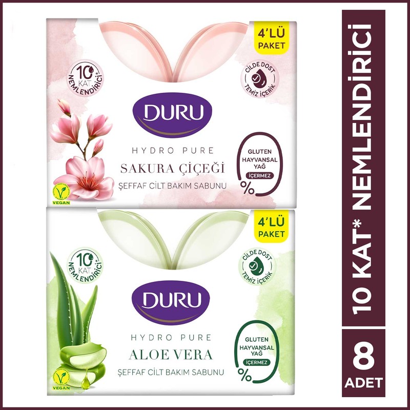 Duru Hydro Pure Aloe Vera & Sakura 8 Adet Şeffaf Cilt Bakım Sabunu 8x135 Gr Gluten İçermez