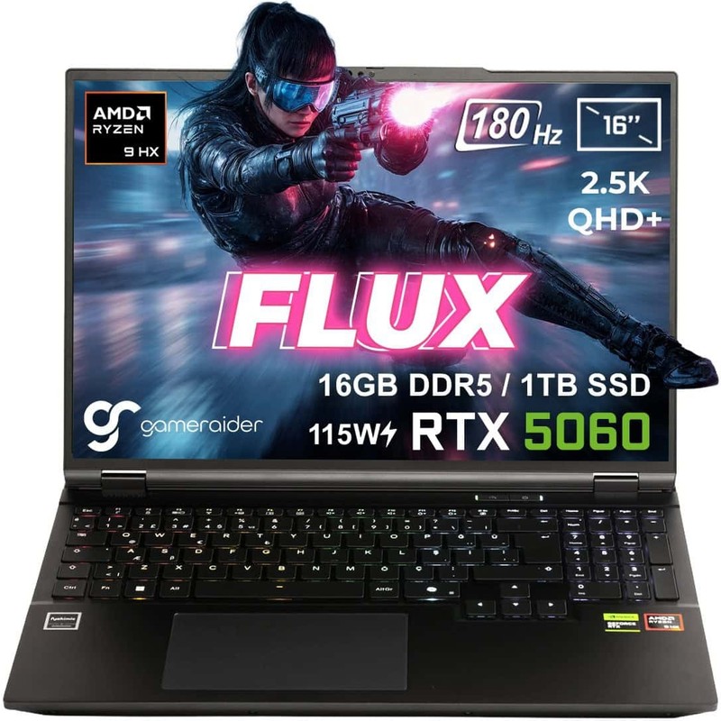 GameRaider FLUX GR16 AMD Ryzen 9-8940HX 16GB DDR5 1TB SSD RTX 5060 8GB 115W 16 inç 2.5K QHD+ 180Hz FreeDos Gaming Laptop - En Uygun Fiyatlarla Piinti'de