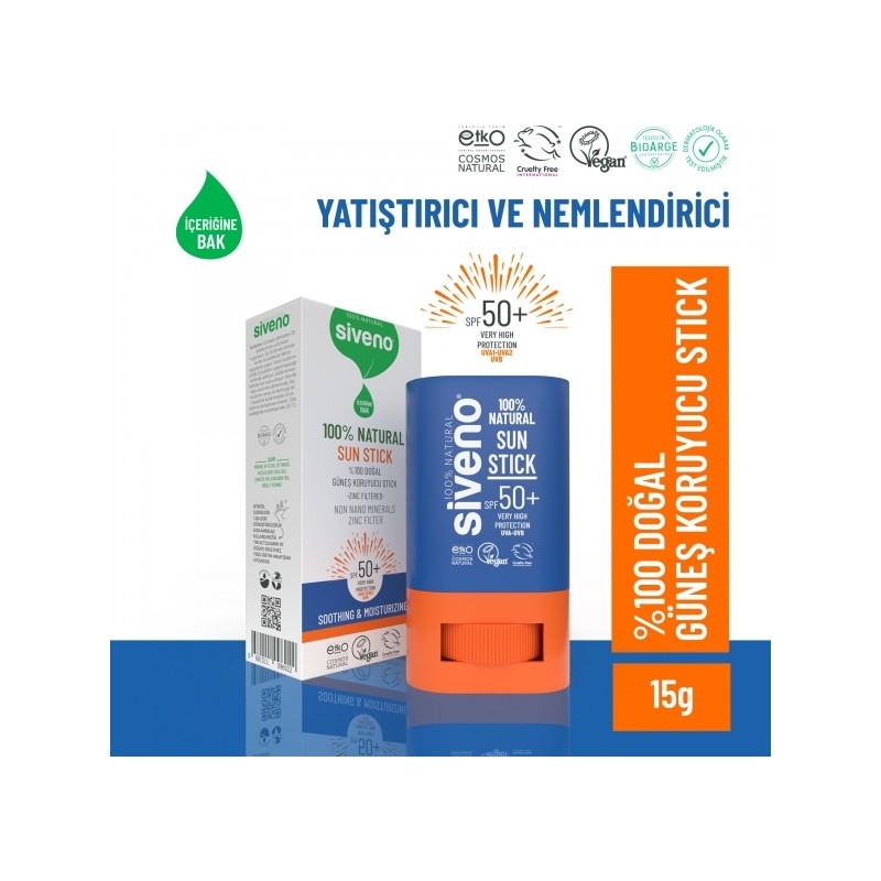 Siveno 100% Doğal Stick Güneş Koruyucu Mineral Filtreli Renkli Ton Eşitleyici Hassas SPF 50+ UVA UVB 15 gr