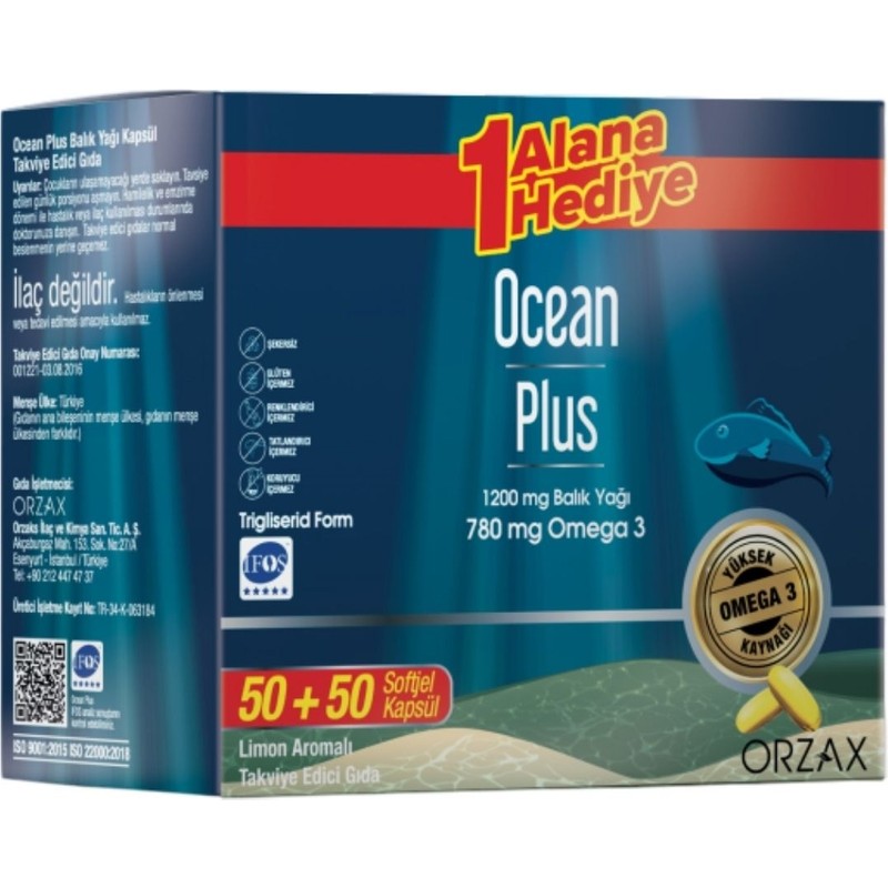Orzax Ocean Plus 1200 mg 100 Softjel Kapsül Limon Aromalı Balık Yağı Takviye Edici Gıda
