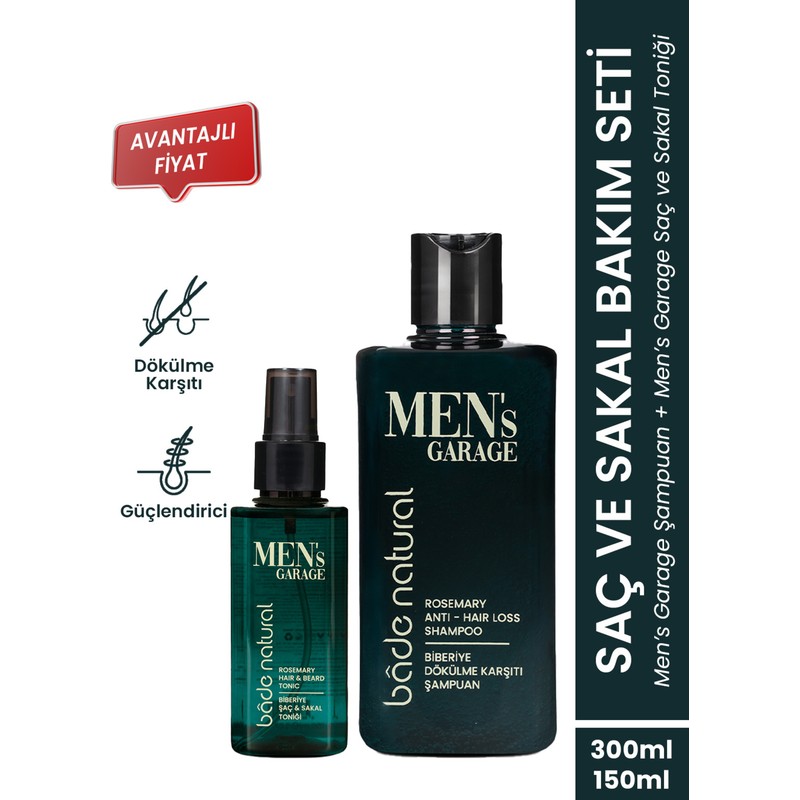 Bade Natural Men's Garage Besleyici ve Güçlendirici Biberiye Şampuan ve Saç & Sakal Toniği