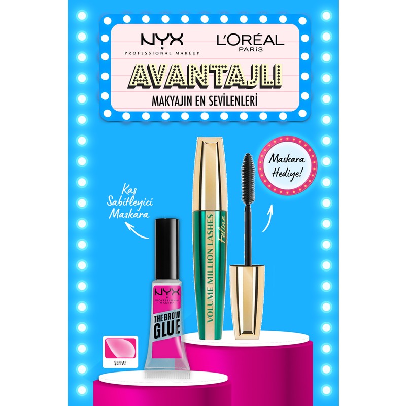 NYX Professional Makeup the Brow Glue Instant Brow Styler - Şeffaf Kaş Sabitleyici Maskara & Lp Volume Million Lashes Feline Siyah Maskara