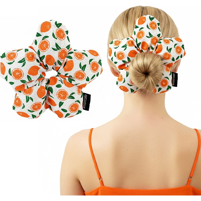 Woodycord El Yapımı Portakal Desenli Beyaz Çiçek Scrunchie Topuz Tokası