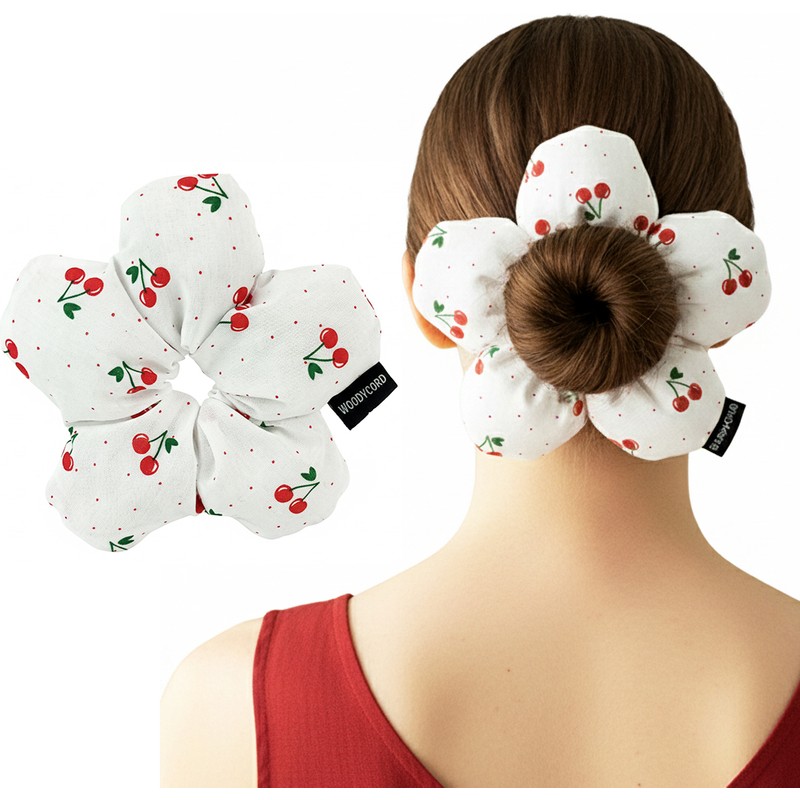Woodycord El Yapımı Kiraz Desenli Beyaz Çiçek Scrunchie Topuz Tokası