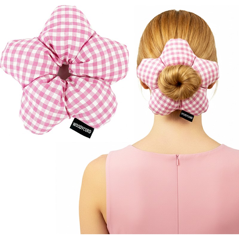Woodycord El Yapımı Pembe Beyaz Pötikareli Çiçek Scrunchie Topuz Tokası