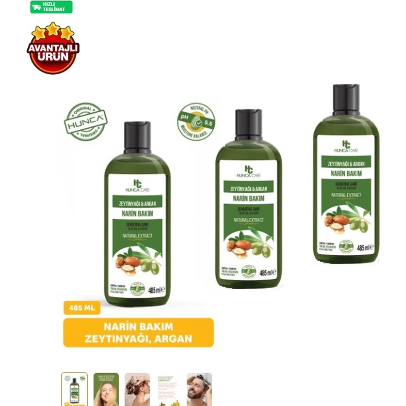 Hunca Zeytinyağı & Argan Özlü Şampuan, Saç Dökülmesine Karşı Yardımcı 485 ml 3'lü
