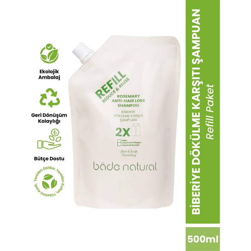 Bade Natural Biberiye, Biotin, Keratin ve Kolajen Complex Bakım Şampuan Refill Paket 500 ml