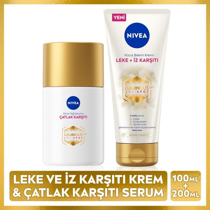 Nivea LUMINOUS630 Çatlak ve Leke Karşıtı Vücut Bakım Seti, Yağ Serumu 100ML ve Vücut Kremi 200ML