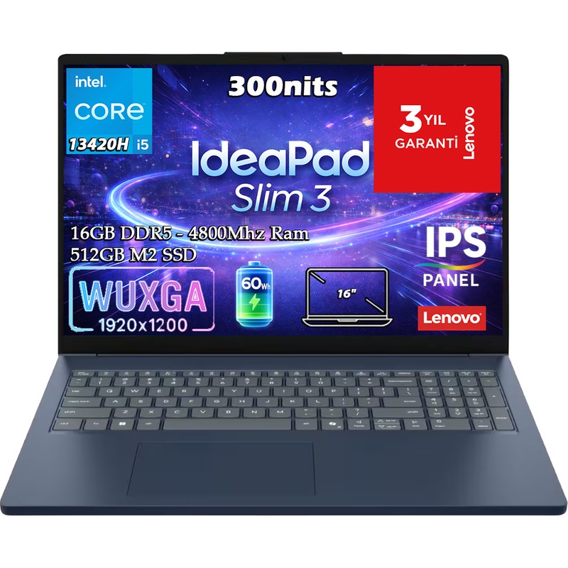 Lenovo Ideapad Slim 3 16IRH10 Intel Core I5-13420H 16GB 512GB SSD 16" WUXGA (1920X1200) IPS Panel Freedos Taşınabilir Bilgisayar 83K20009TR - En Uygun Fiyatlarla Piinti'de