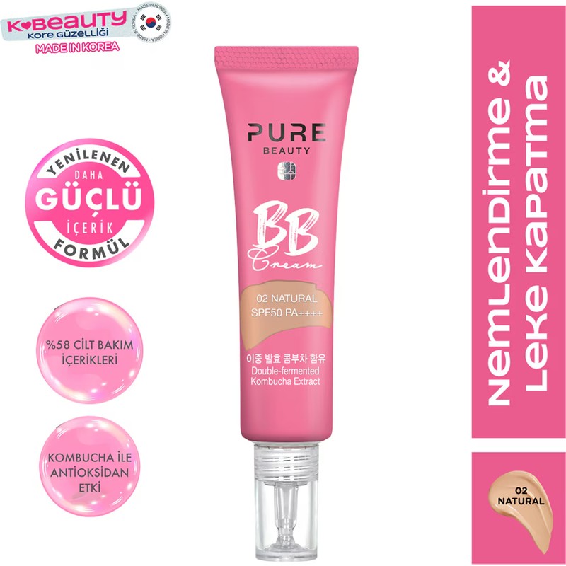 Pure Beauty BB Krem 30 ml SPF50 PA++++ Tüm Cilt Tipleri İçin Canlandırıcı Etki ve Kombucha İçeriği