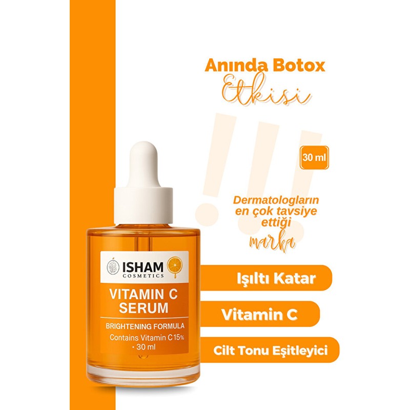 İsham Cosmetics Leke Karşıtı Aydınlatıcı Vitamin C Serum Ascorbic Asit, Ferulic Asit, Vitamin B5, Niacinamide 30 ml