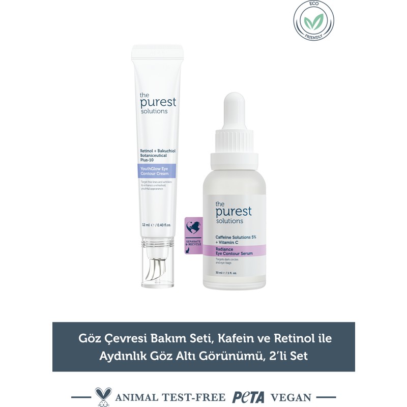 The Purest Solutions Göz Çevresi Bakım Seti, Kafein ve Retinol ile Aydınlık Göz Altı Görünümü, 2’li Set
