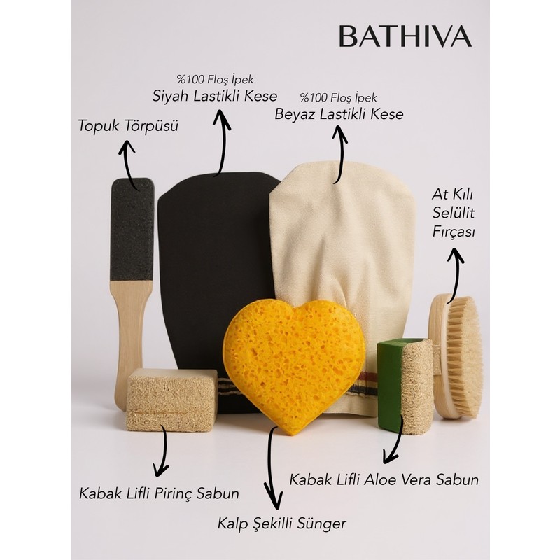 Bathiva Love Banyo Kese Seti Floş Ipek Siyah Beyaz Lastikli Kese At Kılı Fırça ve Kabak Lifli Sabun
