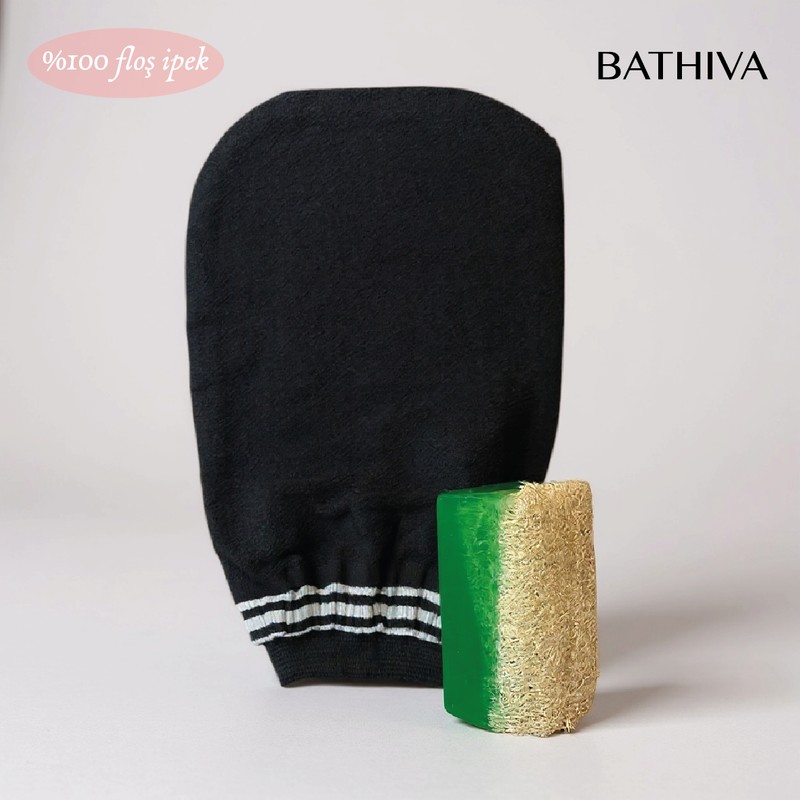 Bathiva Siyah Banyo Kesesi Peeling Eldiveni (%100 Floş Ipek), Doğal Kabak Lifli Aloe Vera'lı Sabun