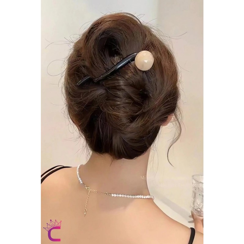 Cinderella Vintage Retro Şık Siyah Renkli Incili Kıstırmalı Saç Tokası 11CM - Topuz Tokası Klipsli Toka