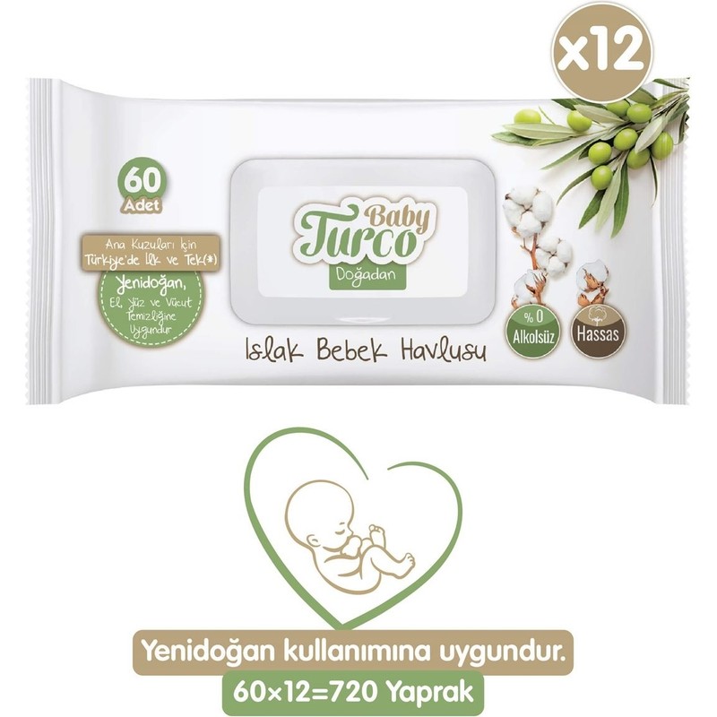 Baby Turco Doğadan Yenidoğan Islak Bebek Havlusu 12x60 Yaprak